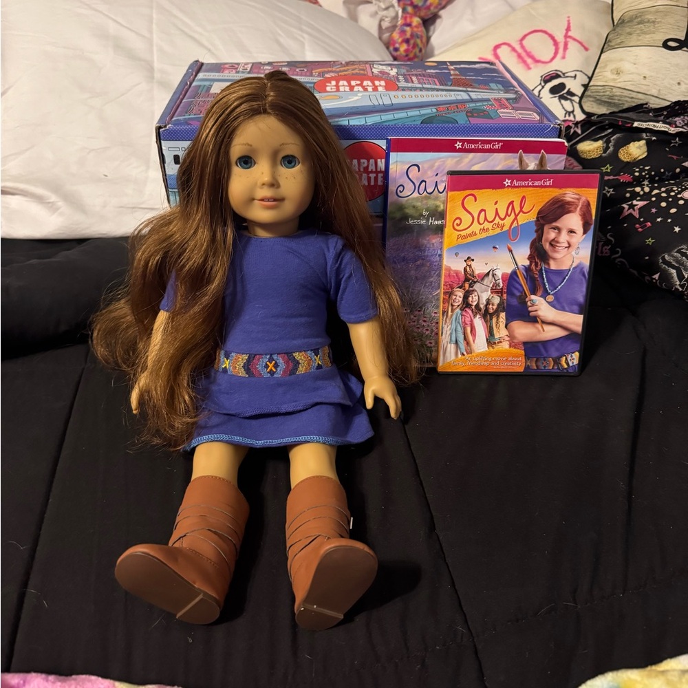 American Girl Saige Doll in Blue Outfit with Brown Boots